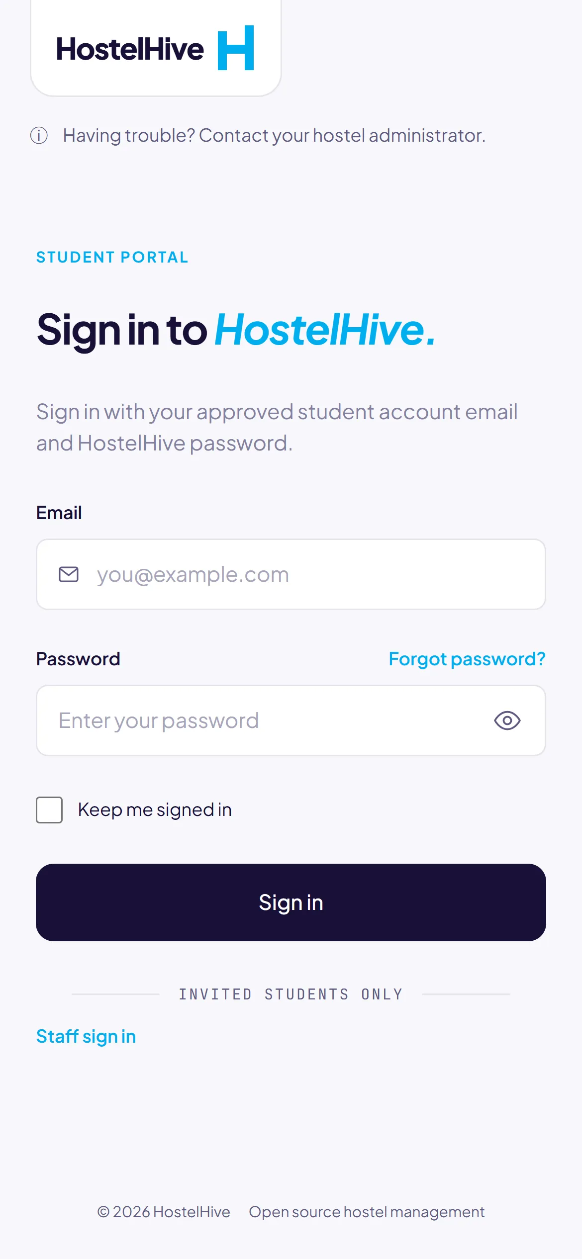 The HostelHive student sign-in page on a phone