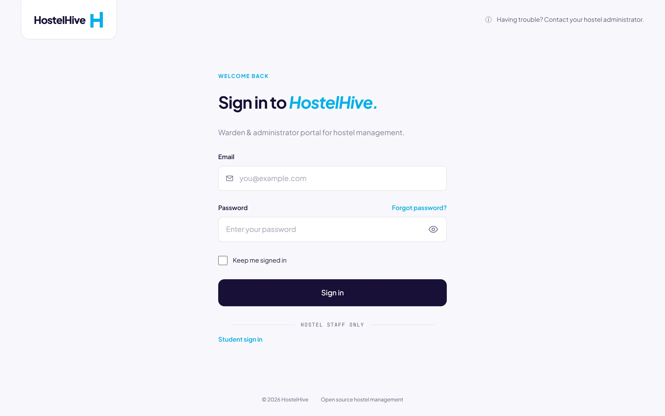 The HostelHive staff sign-in page